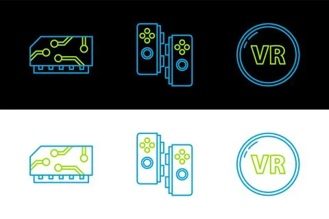 Set line Virtual reality, RAM, random access memory and Gamepad icon. Vector Illustrazione stock