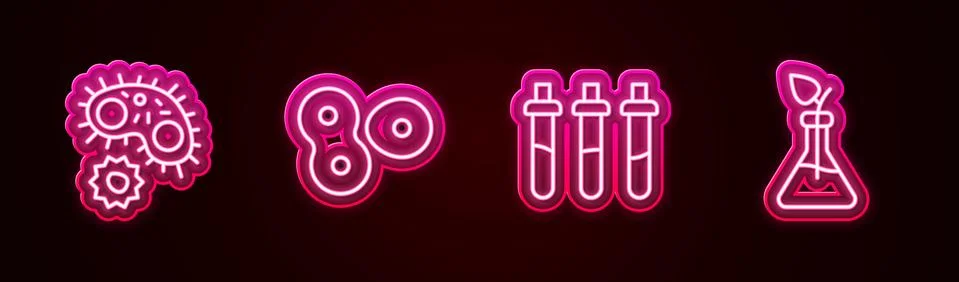Set line Virus, Cell division, Reagent bottle and Plant breeding. Glowing neon Stock Illustration