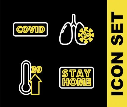 Set line Virus cells in lung, Stay home, High human body temperature and Co.. Stock Illustration