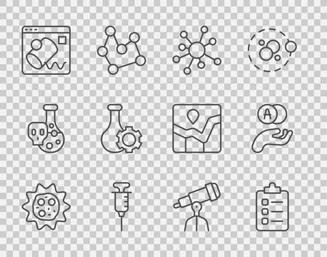 Set line Virus, To do list or planning, Molecule, Syringe, Data visualisation Stock Illustration