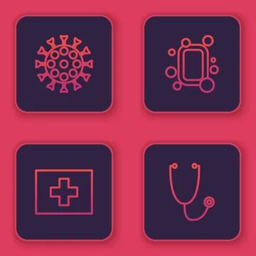 Set line Virus, First aid kit, Bar of soap and Stethoscope. Blue square button Stock Illustration