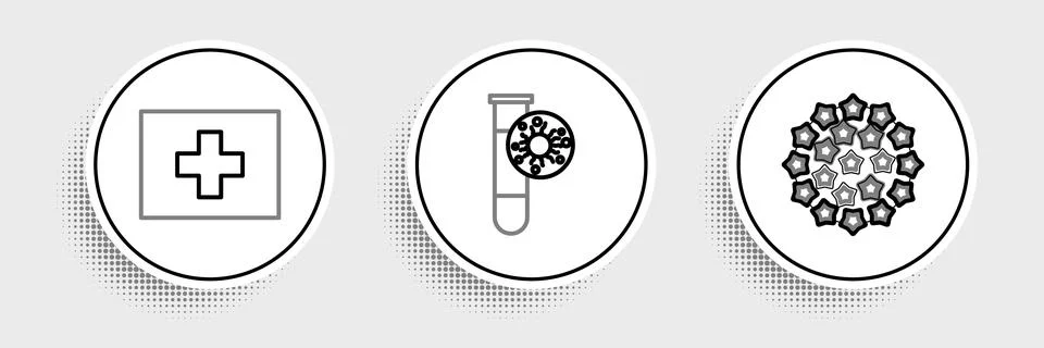 Set line Virus, First aid kit and Test tube with virus icon. Vector Illustrazione stock