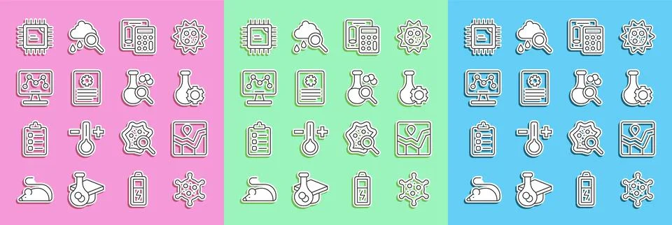 Set line Virus, Graph chart infographic, Test tube, Calculator, Patient record Stock Illustration