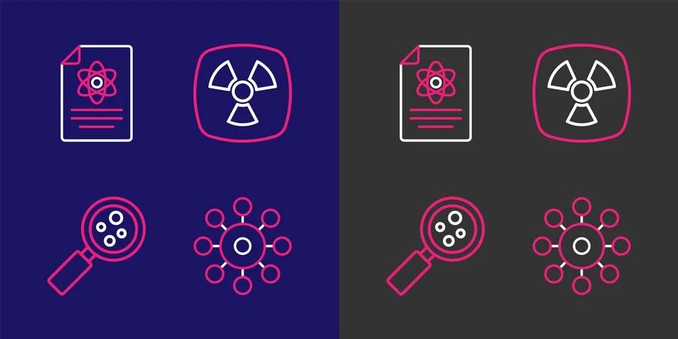Set line Virus, Microorganisms under magnifier, Radioactive and Chemistry r.. Stock Illustration