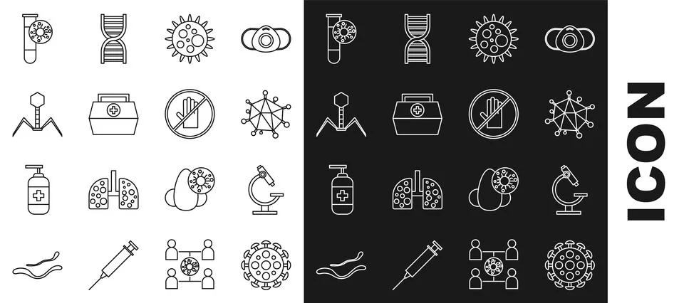 Set line Virus, Microscope, First aid kit, Bacteria bacteriophage, Test tube Stockillustratie