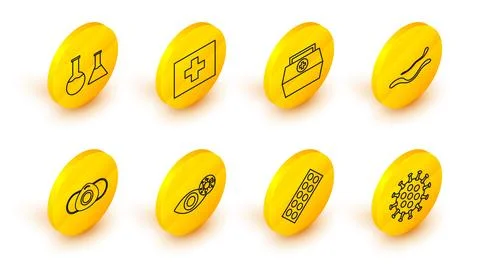 Set line Virus, Pills in blister pack, Reddish eye due to virus, Medical pr.. Stock Illustration