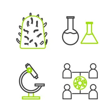 Set line Virus spread, Microscope, Test tube and flask and Rabies virus icon. イラスト素材