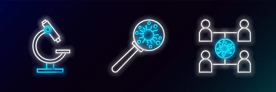 Set line Virus spread, Microscope and under magnifying glass icon. Glowing .. Stock Illustration