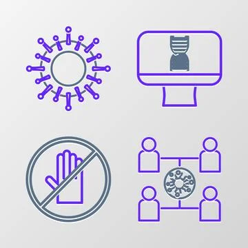 Set line Virus spread, No handshake, DNA spiral computer and  icon. Vector Stockillustratie