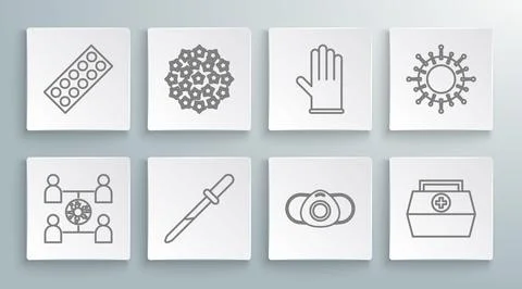 Set line Virus spread, Pipette, Medical protective mask, First aid kit, rub.. Stock Illustration