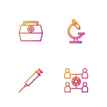 Set line Virus spread, Syringe, First aid kit and Microscope. Gradient color Stock Illustration