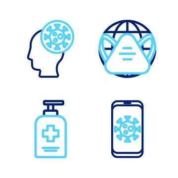 Set line Virus statistics on mobile, Liquid antibacterial soap, Earth with .. Ilustração Stock