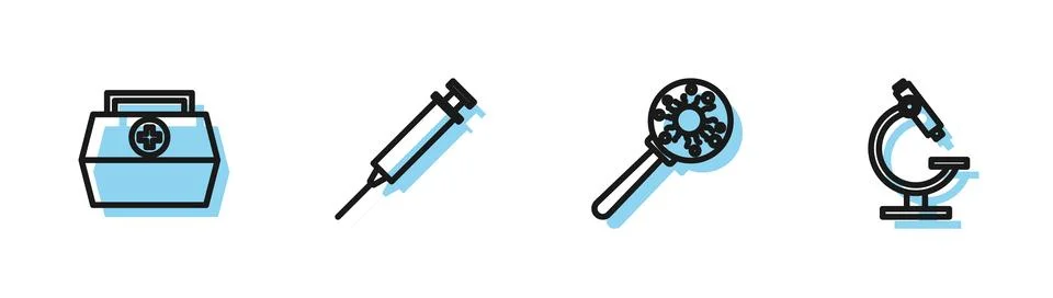 Set line Virus under magnifying glass, First aid kit, Syringe and Microscope Stock Illustration