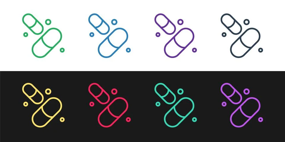 Set line Vitamin complex of pill capsule icon isolated on black and white Stock Illustration