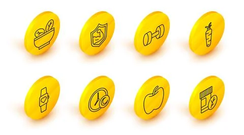 Set line Vitamin pill, Apple, Time to sleep, Smart watch, Carrot, Dumbbell,.. イラスト素材