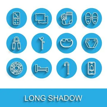 Set line Vitamin pill, Bed, Domino, Walking stick cane, Emergency phone call Illustration