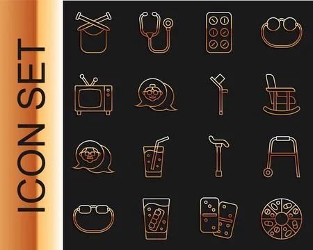 Set line Vitamin pill, Walker, Rocking chair, Pills blister pack, Grandmother Stock Illustration