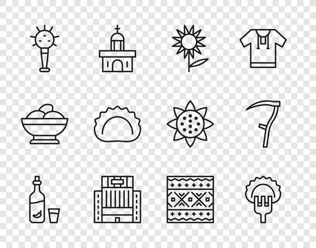 Set line Vodka with pepper and glass, Dumplings on fork, Sunflower, Hotel U.. Stock Illustration