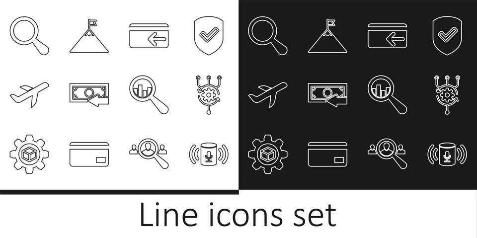 Set line Voice assistant, Algorithm, Cash back, Plane, Magnifying glass, and Stock Illustration