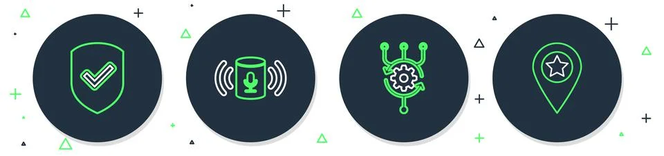Set line Voice assistant, Algorithm, Shield with check mark and Location star Illustrazione stock