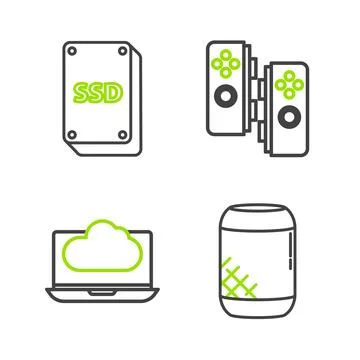 Set line Voice assistant, Cloud technology data transfer and storage, Gamep.. Stock Illustration