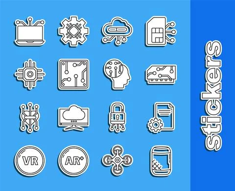 Set line Voice assistant, File document, RAM, random access memory, Internet of Stock Illustration