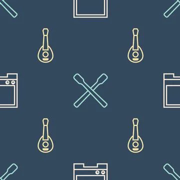 Set line Voice assistant, Guitar and Drum sticks on seamless pattern. Vector Stock Illustration