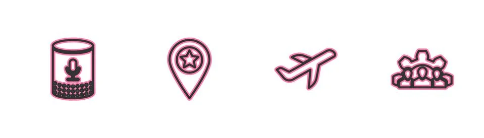 Set line Voice assistant, Plane, Location with star and Project team base icon Stock Illustration