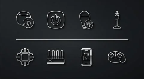 Set line Voice assistant, Processor with CPU, Vacuum cleaner, Digital door lock 스톡 일러스트