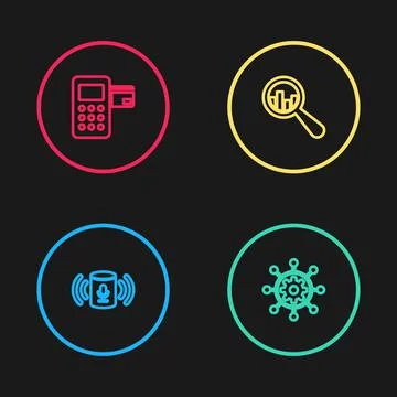 Set line Voice assistant, Project management, Magnifying glass and analysis and Stock Illustration
