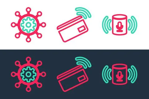 Set line Voice assistant, Project management and Contactless payment icon Stock Illustration