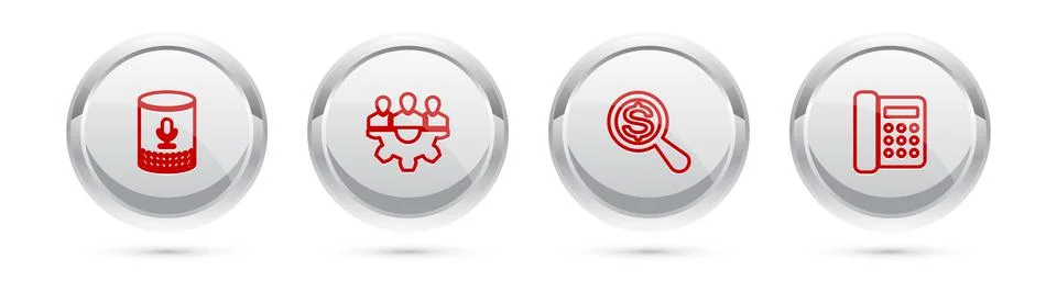 Set line Voice assistant, Project team base, Magnifying glass and dollar and  Stock Illustration