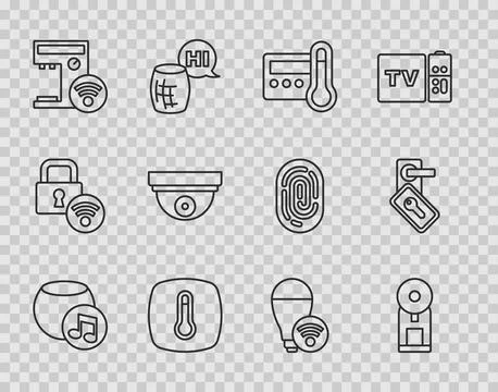 Set line Voice assistant, Smart coffee machine, Thermostat, Motion sensor, .. Stock Illustration