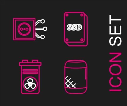 Set line Voice assistant, Video graphic card, SSD and Remote control icon Illustrazione stock