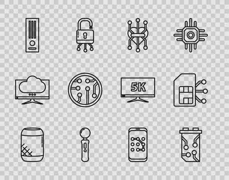 Set line Voice assistant, Video graphic card, Processor, Gamepad, game cons.. Stock Illustration