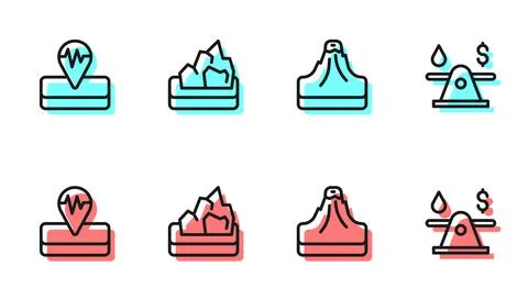 Set line Volcano, Earthquake, Ore mining and Oil money icon. Vector Illustrazione stock