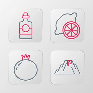 Set line Volcano eruption with lava, Tomato, Lemon and Tequila bottle icon... Stock Illustration