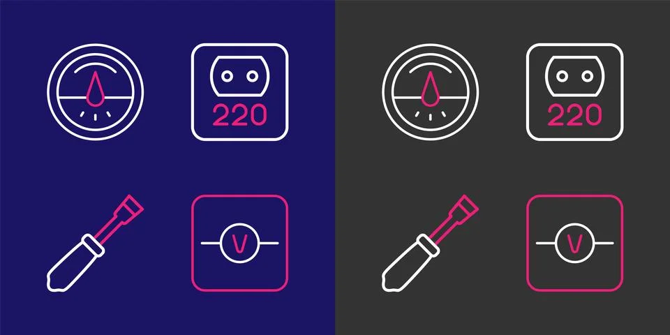Set line Voltmeter, Screwdriver, Electrical outlet and  icon. Vector Stock Illustration