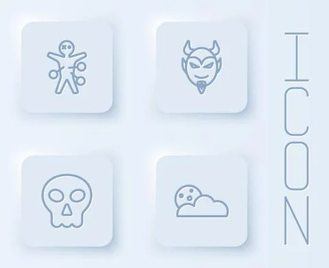 Set line Voodoo doll, Devil head, Skull and Moon and stars. White square button Stock Illustration
