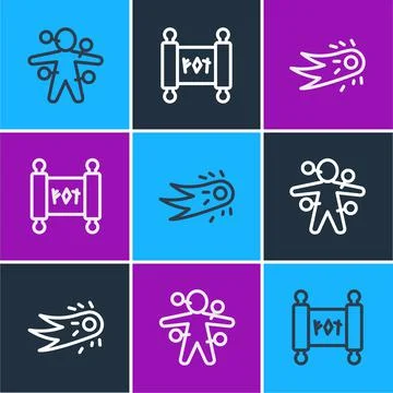 Set line Voodoo doll, Fireball and Magic scroll icon. Vector Ilustração Stock