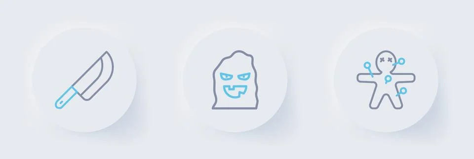 Set line Voodoo doll, Funny and scary ghost mask and Knife icon. Vector Stock Illustration