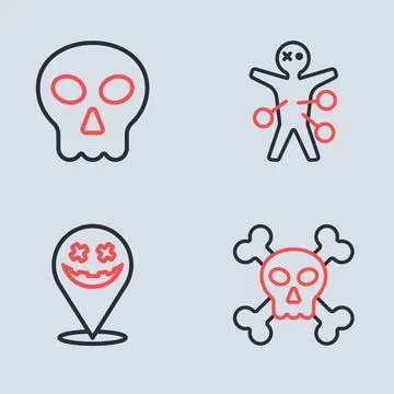Set line Voodoo doll, Happy Halloween holiday, Skull on crossbones and  ico.. Stock Illustration