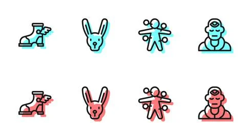 Set line Voodoo doll, Hermes sandal, Rabbit with ears and Wizard warlock icon Stock-Illustration