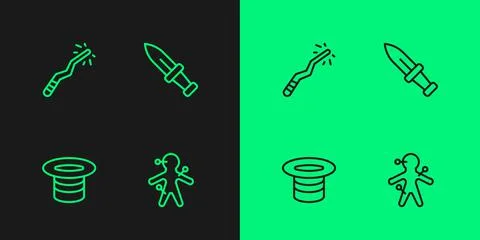 Set line Voodoo doll, Magic hat, wand and Dagger icon. Vector Stock Illustration
