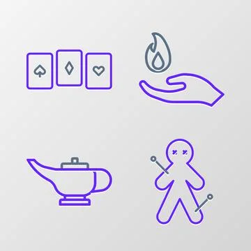 Set line Voodoo doll, Magic lamp or Aladdin, Hand holding fire and Playing cards Ilustração Stock