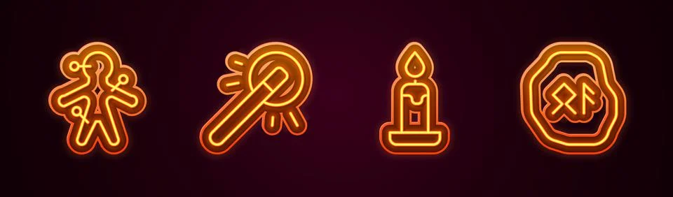 Set line Voodoo doll, Magic wand, Burning candle and runes. Glowing neon icon 스톡 일러스트