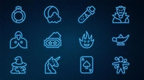 Set line Voodoo doll, Magic lamp or Aladdin, Bottle with potion, Ticket, Mantle Ilustração Stock