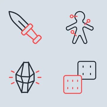 Set line Voodoo doll, Magic stone, Game dice and Dagger icon. Vector Stock Illustration