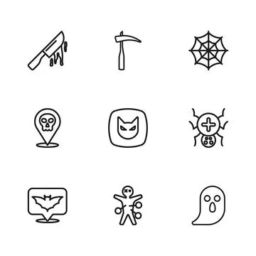 Set line Voodoo doll, Spider, Ghost, Black cat, web, Bloody knife, Scythe a.. Stock Illustration