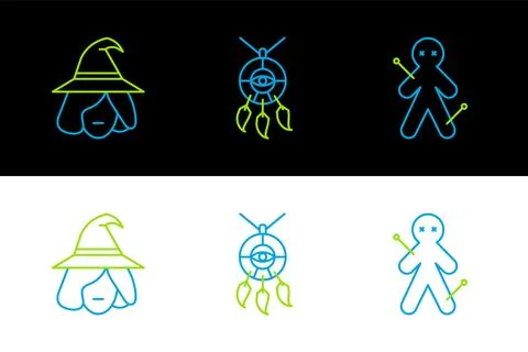 Set line Voodoo doll, Witch and Dream catcher with feathers icon. Vector Stock Illustration